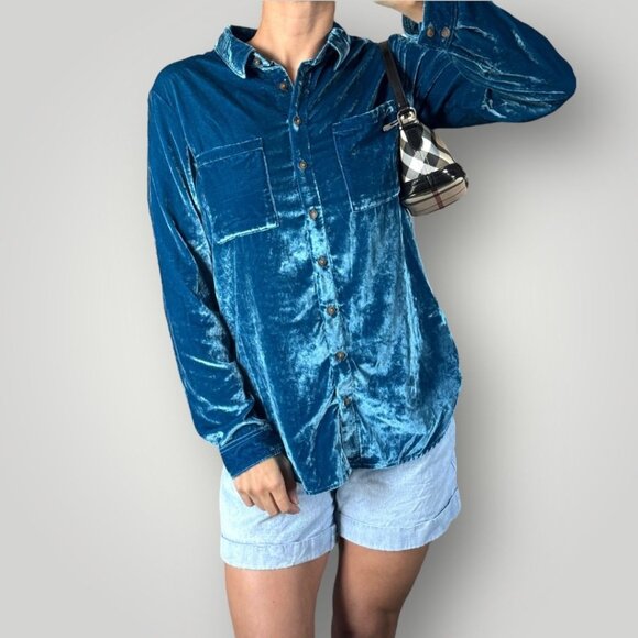 Anthropologie Pilcro Womens Velvet Hadley Relaxed Button Up Shirt Blue Shiny S - Picture 1 of 8